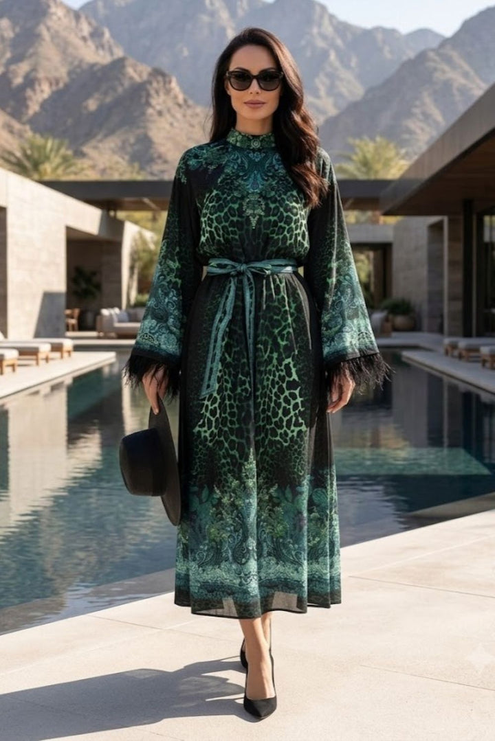 CAFTAN EN SATIN DE VISCOSE À PLUMES - VERT FLUO LEO