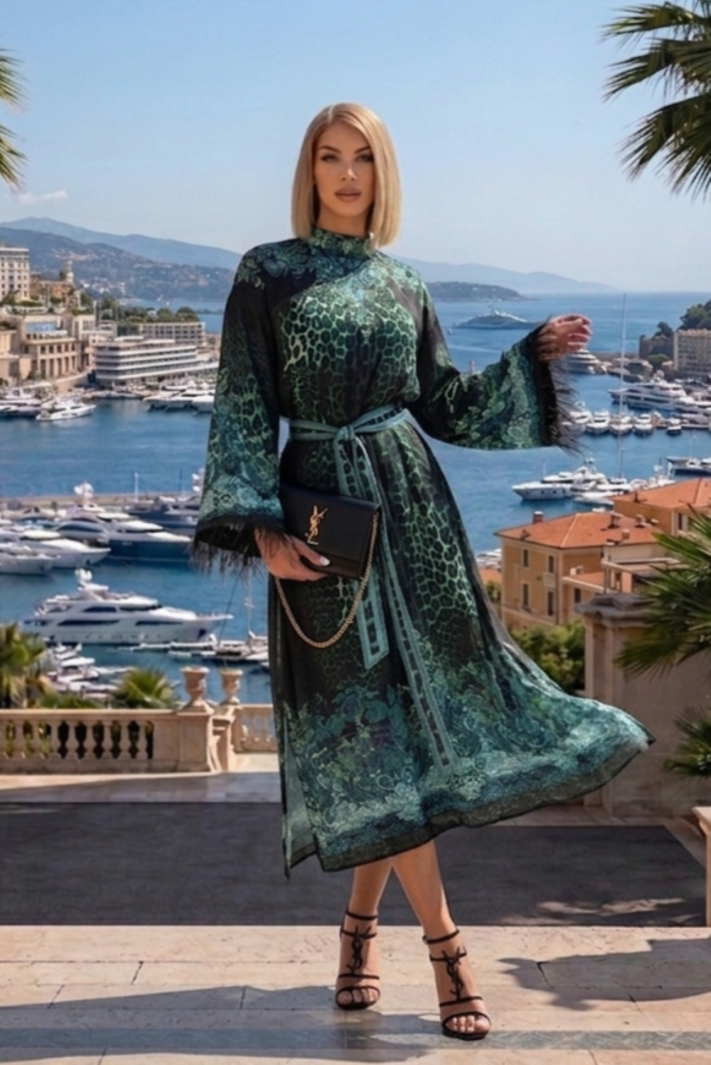 CAFTAN EN SATIN DE VISCOSE À PLUMES - VERT FLUO LEO