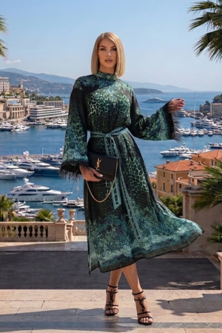 CAFTAN EN SATIN DE VISCOSE À PLUMES - VERT FLUO LEO