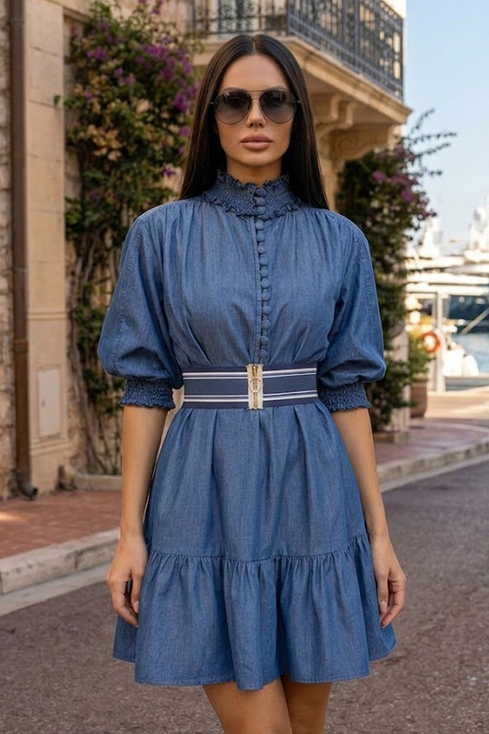 DENIM DRESS WITH ELASTICATED NECKLINE AND BELT - ESSENTIALS