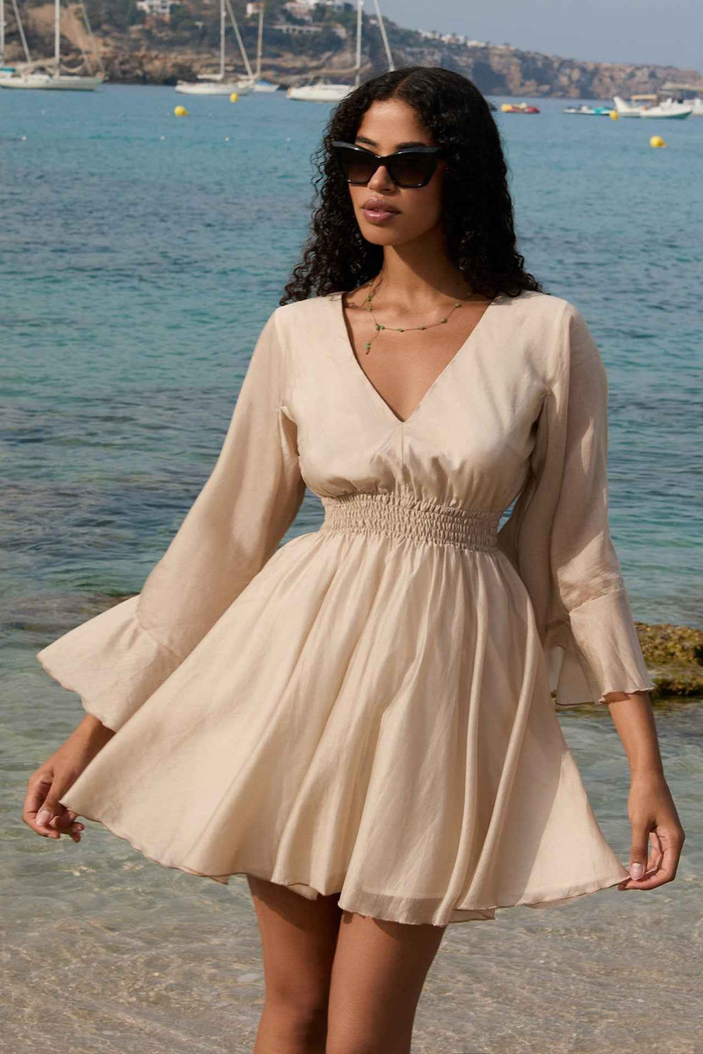 SHORT LYOCELL DRESS WITH WIDE SLEEVES IN BEIGE - ESSENTIALS
