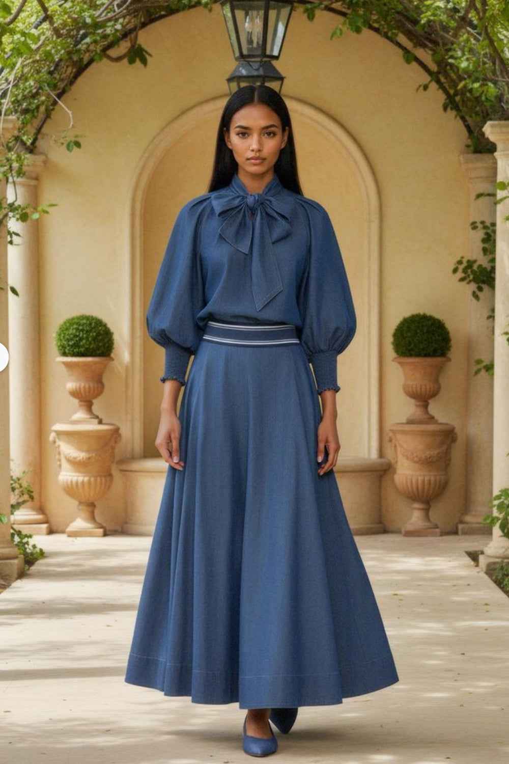 LONG DENIM SKIRT WITH ELASTIC WAIST AND SIDE POCKETS - ESSENTIALS