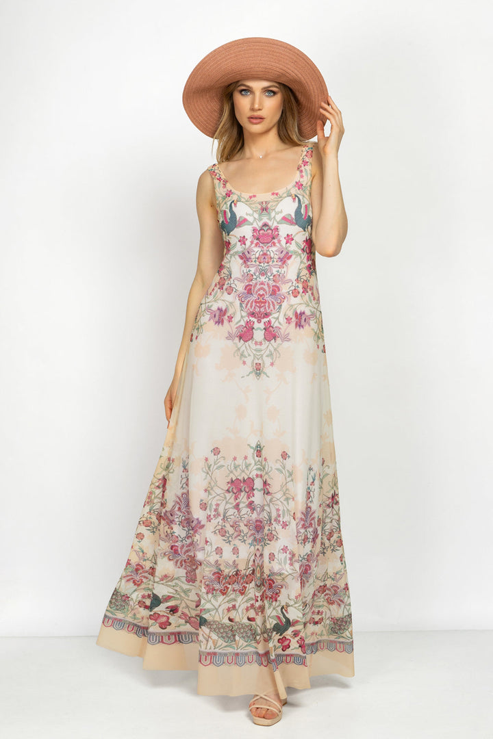 SLEEVELESS LONG MESH DRESS WITH SOFT MODAL LINING - PAISLEY RED JIORO ДЪЛГА РОКЛЯ БЕЗ РЪКАВ ОТ МРЕЖА С ПОДПЛАТА ОТ ФИН МОДАЛ - PAISLEY RED JIORO