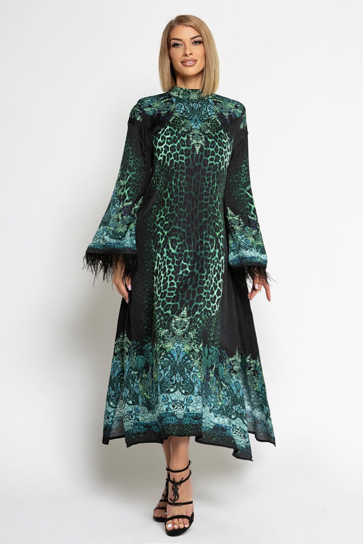 CAFTAN EN SATIN DE VISCOSE À PLUMES - VERT FLUO LEO