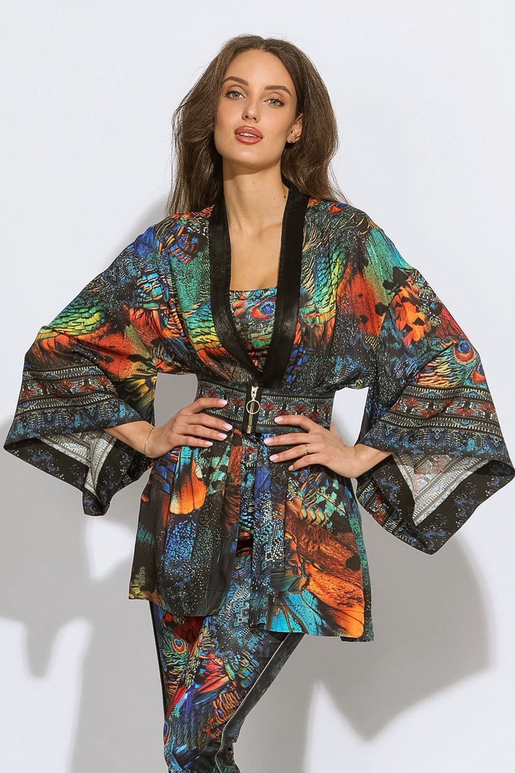CROPPED VISCOSE KIMONO WITH ELASTIC BELT- AMAZONIA JIORO КРОП КИМОНО ОТ ВИСКОЗА С ЛАСТИЧЕН КОЛАН - AMAZONIA JIORO