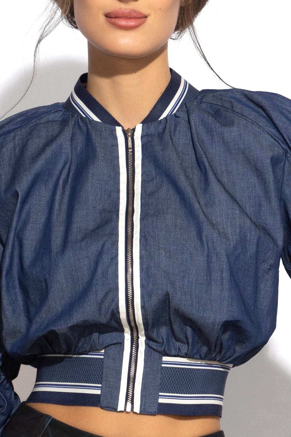 DENIM BOMBER JACKET - ESSENTIALS - Fashion Roots