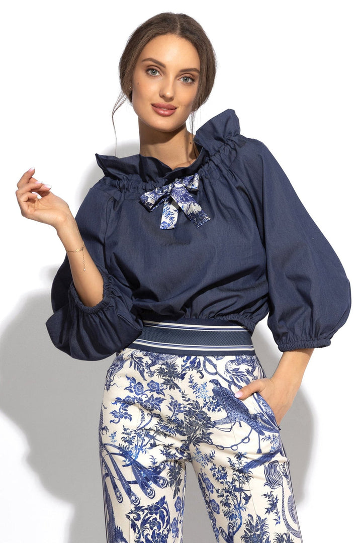 RUFFLED HIGH-NECK BLOUSE WITH PUFF SLEEVES - ASIA SKY - Fashion Roots