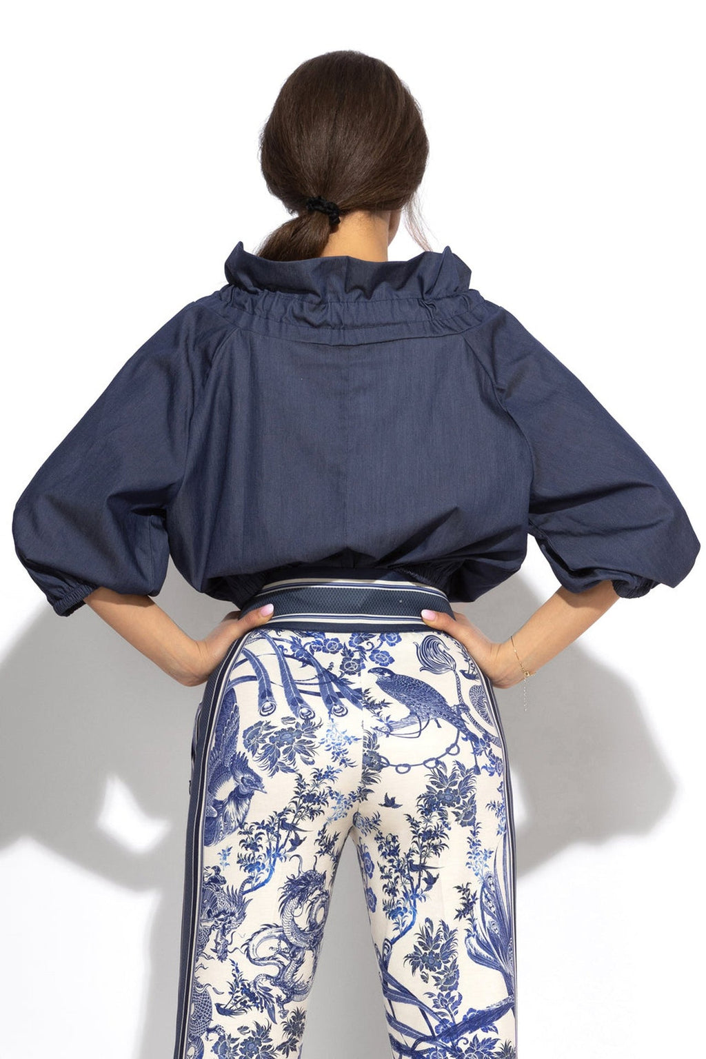 RUFFLED HIGH-NECK BLOUSE WITH PUFF SLEEVES - ASIA SKY - Fashion Roots