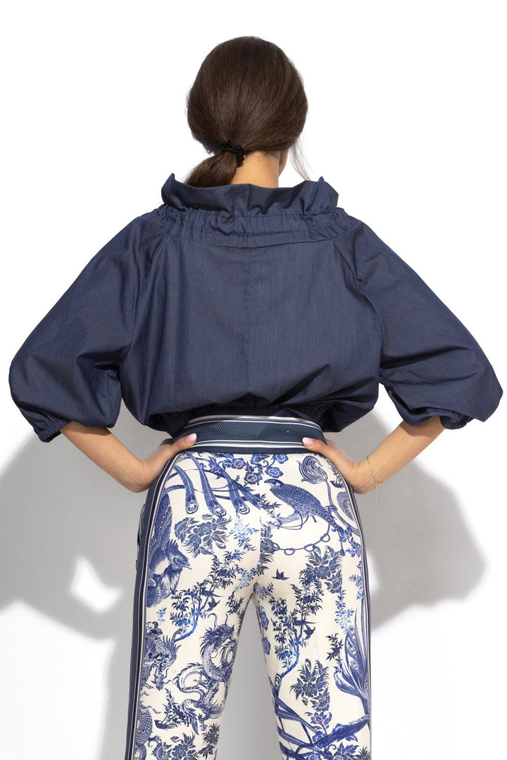 RUFFLED HIGH-NECK BLOUSE WITH PUFF SLEEVES - ASIA SKY - Fashion Roots