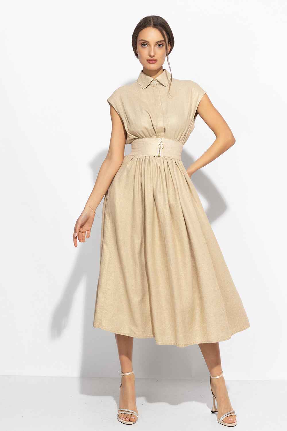 LONG LINEN DRESS WITH DETACHABLE BELT - ESSENTIALS
