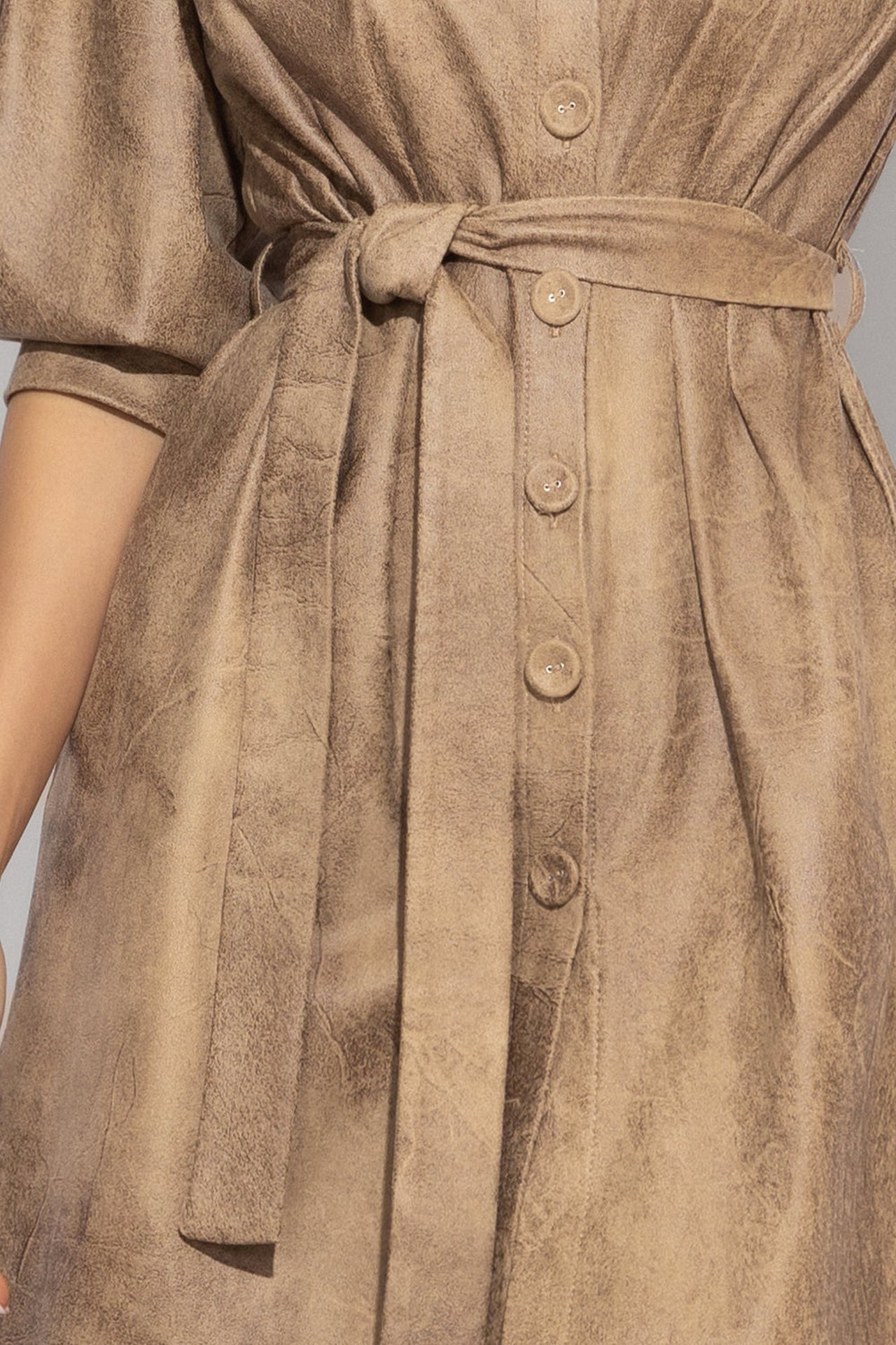 SUEDE-LOOK SHIRT DRESS IN CAPPUCINO - ESSENTIALS - Fashion Roots