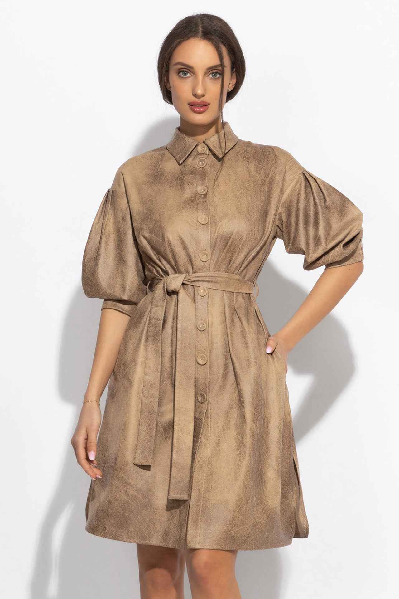 SUEDE-LOOK SHIRT DRESS IN CAPPUCINO - ESSENTIALS