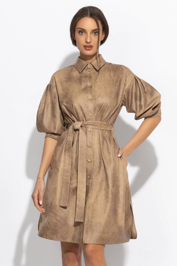 SUEDE-LOOK SHIRT DRESS IN CAPPUCINO - ESSENTIALS - Fashion Roots