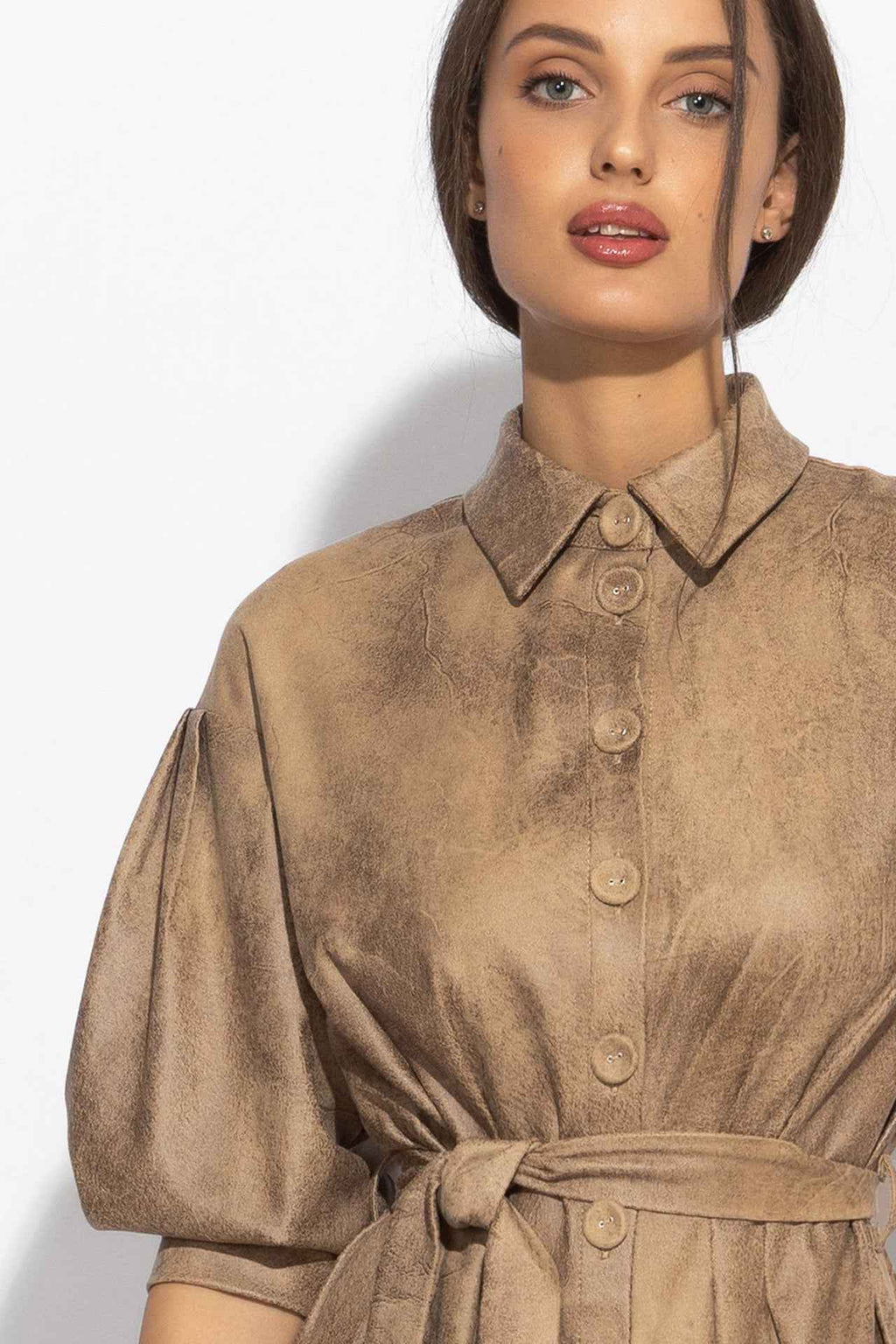 SUEDE-LOOK SHIRT DRESS IN CAPPUCINO - ESSENTIALS
