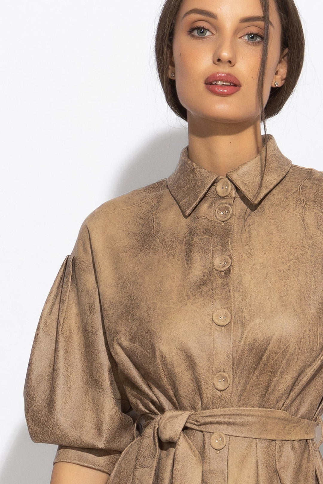 SUEDE-LOOK SHIRT DRESS IN CAPPUCINO - ESSENTIALS - Fashion Roots