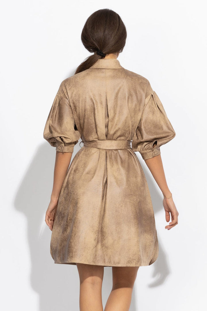 SUEDE-LOOK SHIRT DRESS IN CAPPUCINO - ESSENTIALS - Fashion Roots