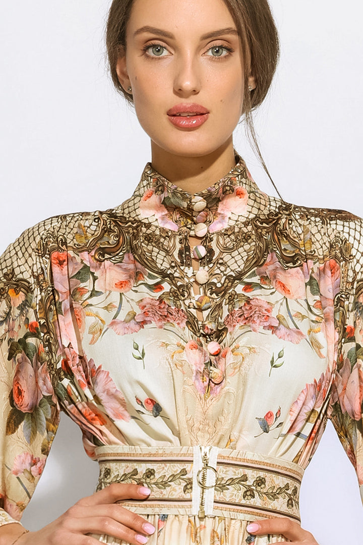 ROBE BOHO EN VISCOSE À MANCHES LONGUES - FLEURS BAROQUES