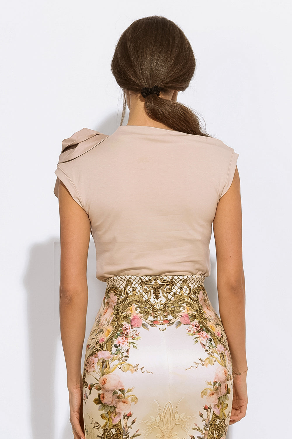 BLOUSE WITH ASYMMETRIC SHOULDER IN BEIGE - ESSENTIALS - Fashion Roots