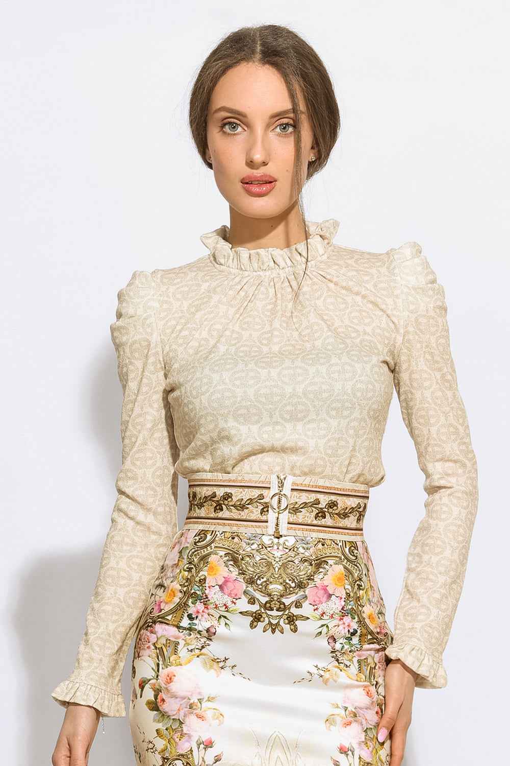 BLOUSE WITH GATHERED NECKLINE AND LOGO PRINT - IVORY LOGO COLLECTION