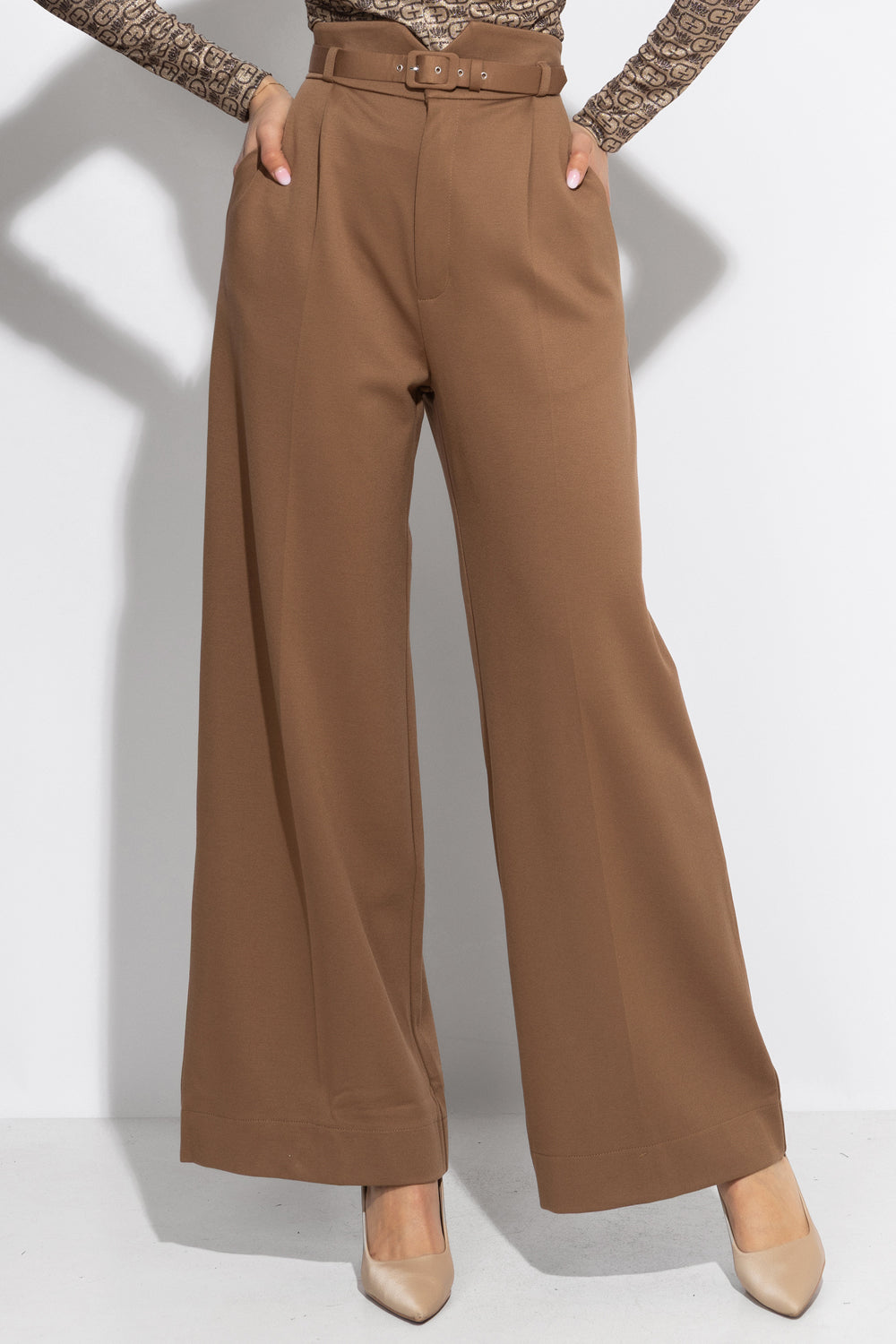 VISCOSE BLEND HIGH-WAISTED BEIGE TROUSERS – ESSENTIALS