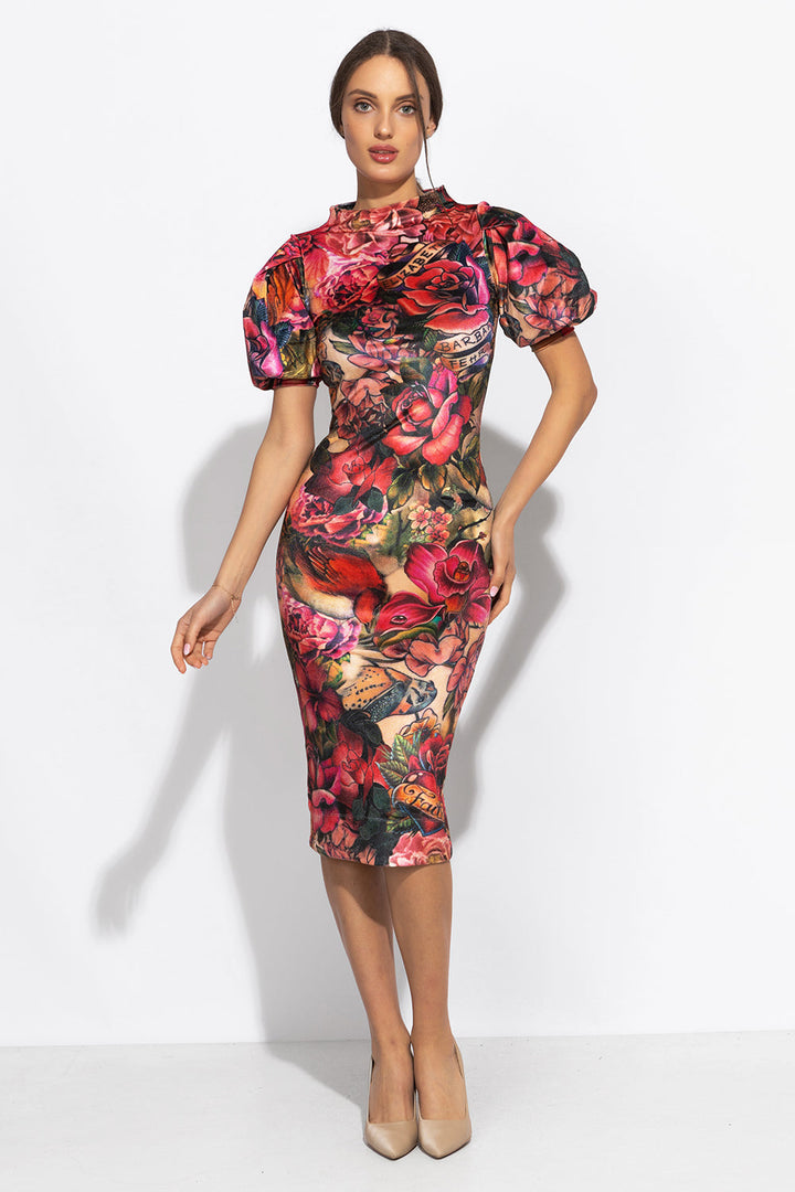 FITTED DRESS MADE OF SMOOTH VELVET - TATTOO STAR JIOROВТАЛЕНА РОКЛЯ ОТ КАДИФЕ С ВИСОКА ЯКА - TATTOO STAR JIORO