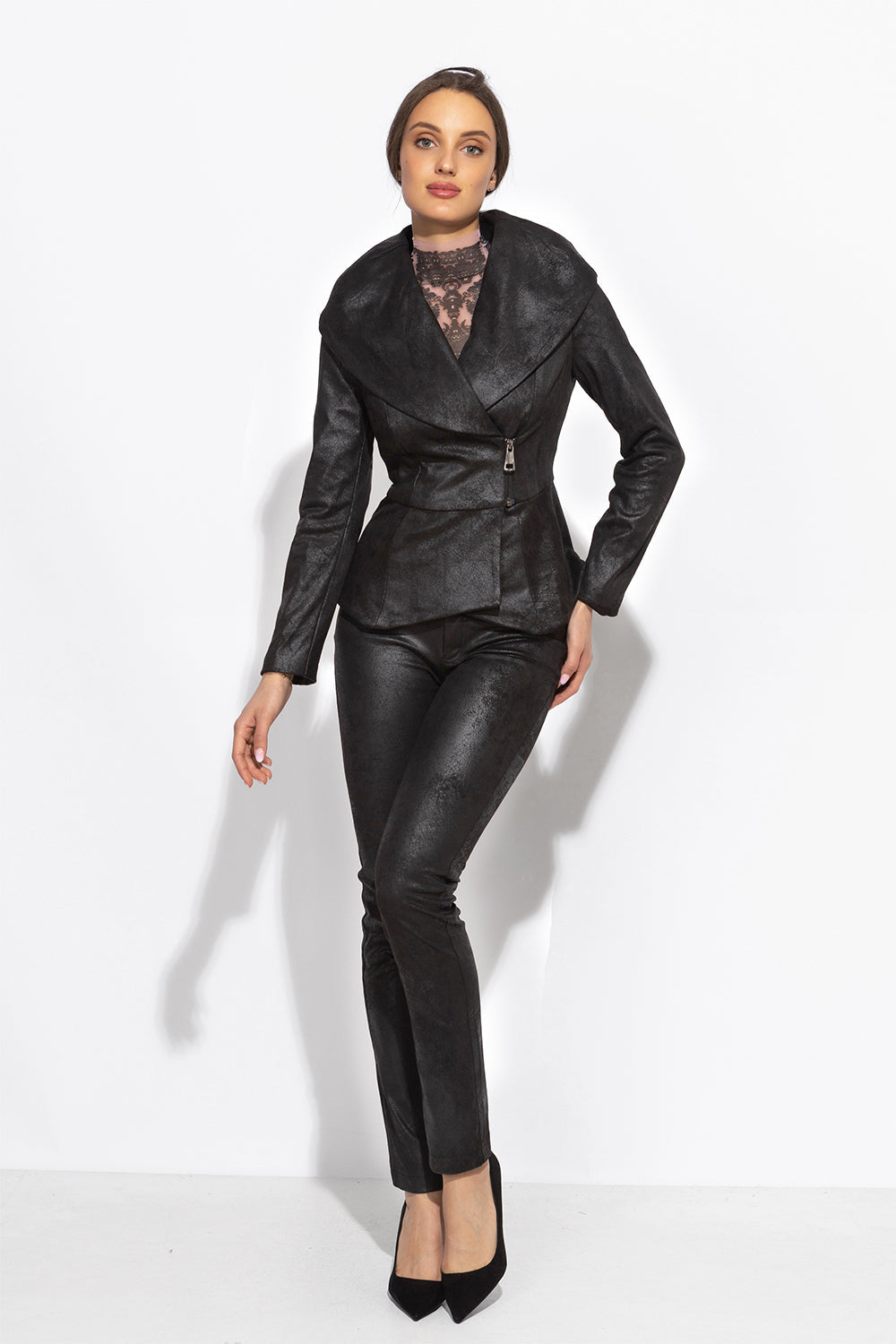 SUEDE-LOOK BLAZER WITH ASYMMETRICAL CLOSURE  IN BLACK - ESSENTIALS