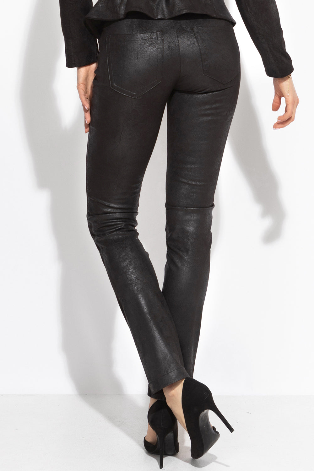 HIGH WAIST SLIM TROUSERS IN BLACK SUEDE - ESSENTIALS