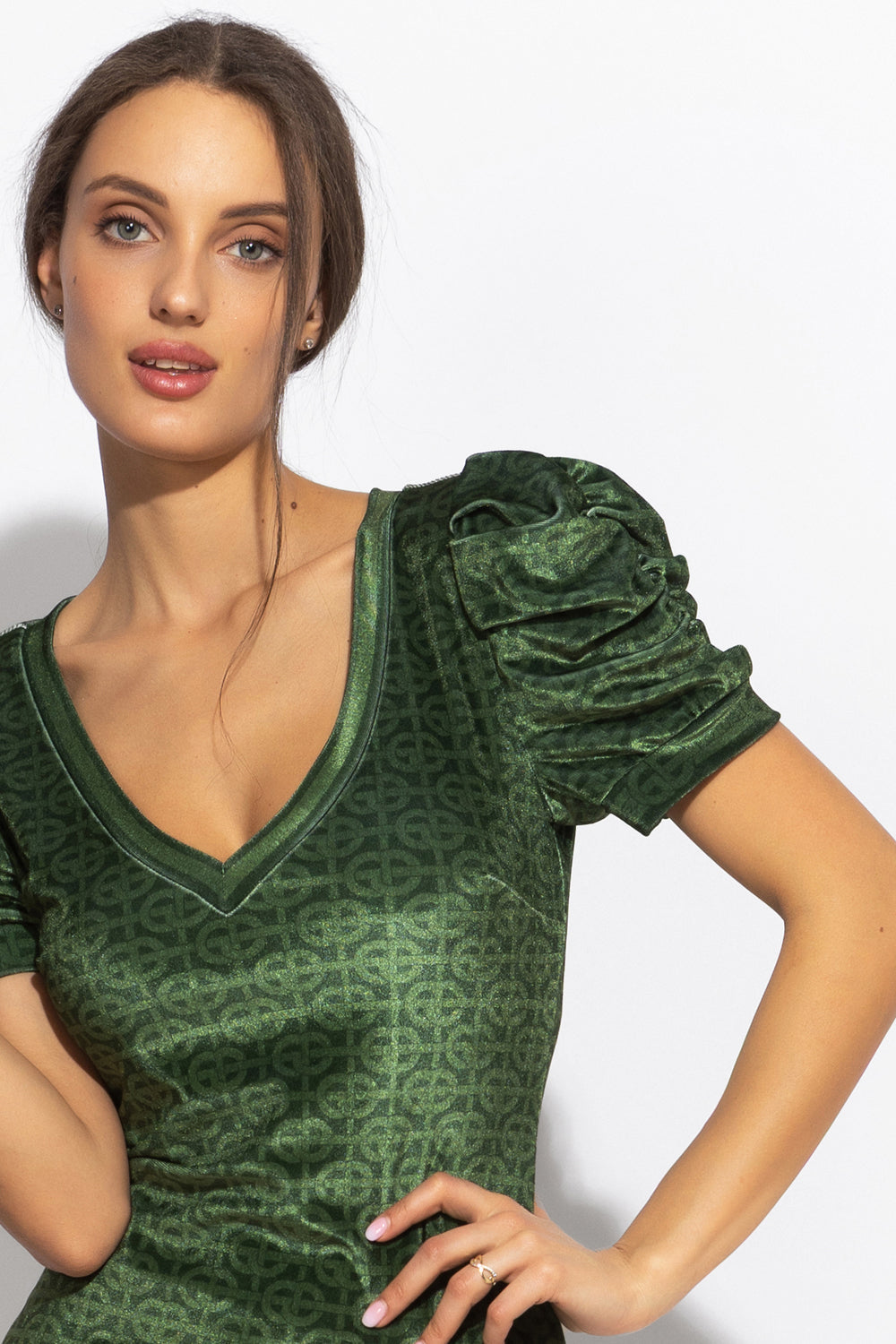 VELVET DRESS WITH PUFF SLEEVES - EMERALD GREEN LOGO