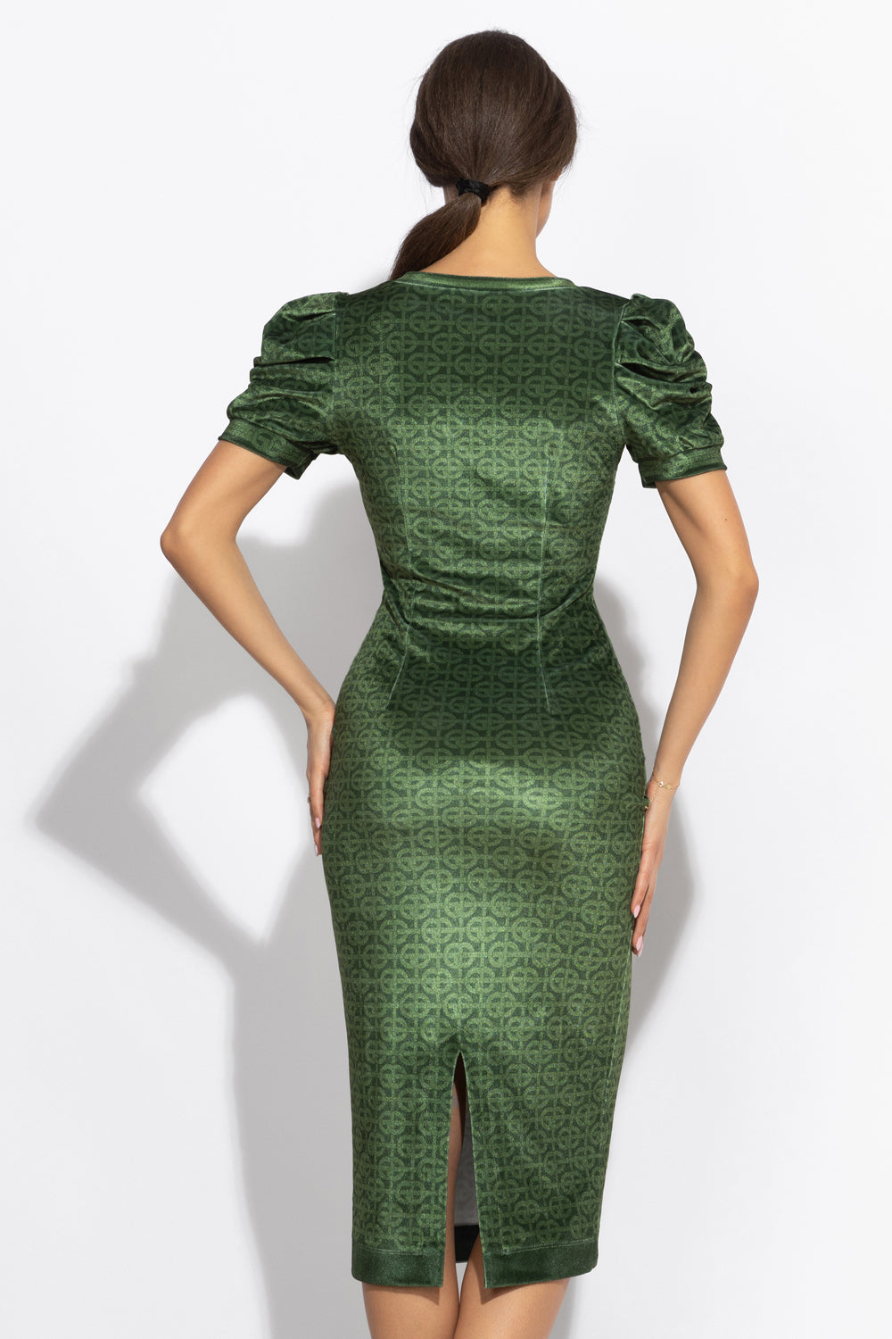 VELVET DRESS WITH PUFF SLEEVES - EMERALD GREEN LOGO