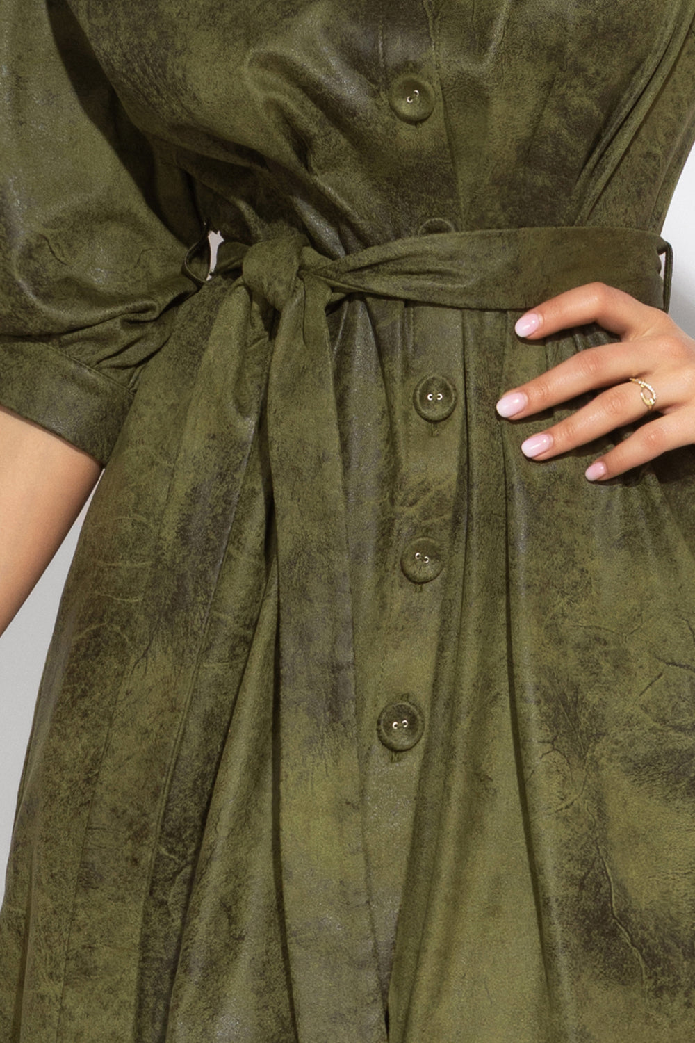 SUEDE-LOOK SHIRT DRESS IN OLIVE GREEN - ESSENTIALS