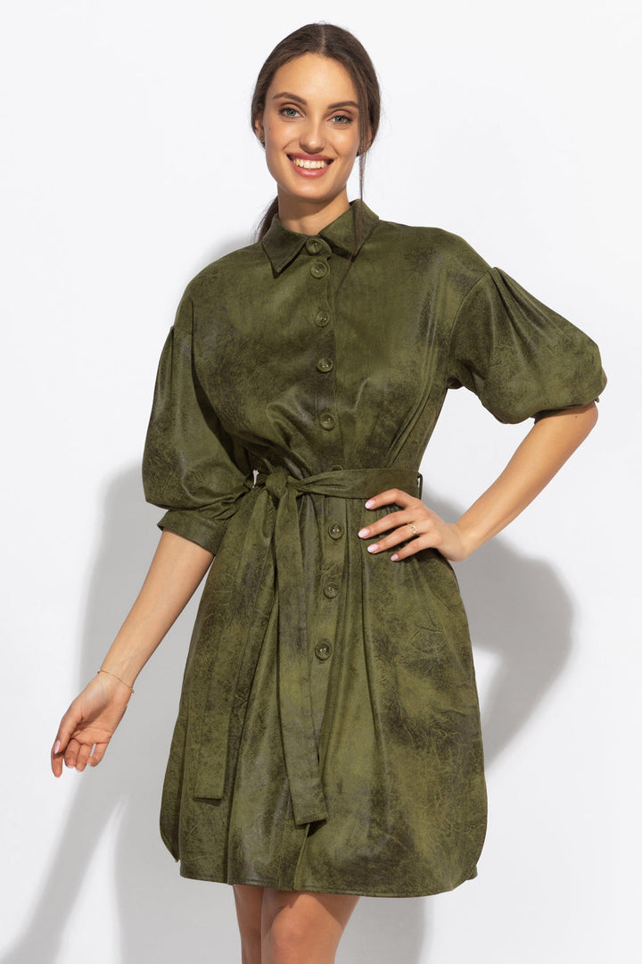 SUEDE-LOOK SHIRT DRESS IN OLIVE GREEN - ESSENTIALS - Fashion Roots
