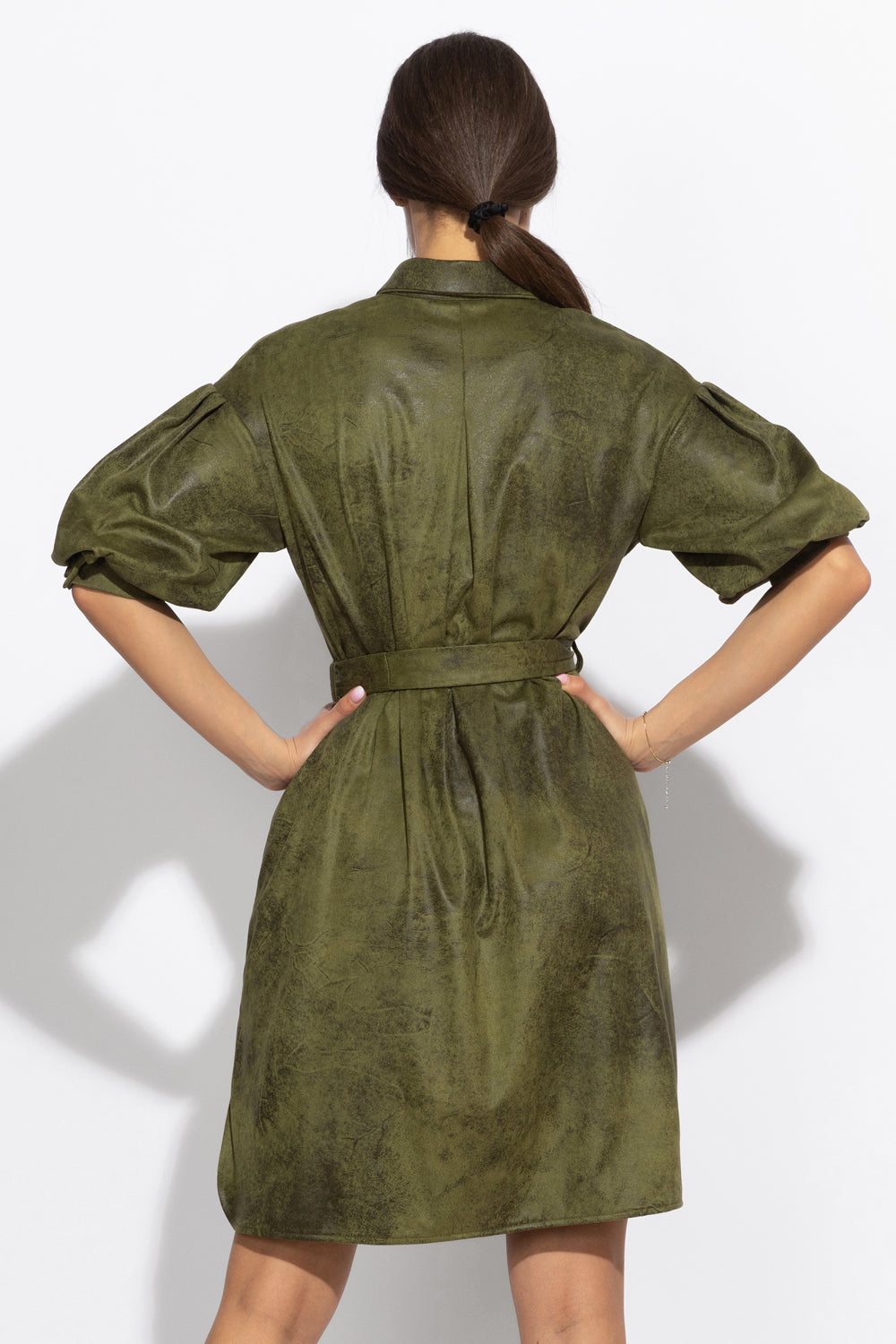 SUEDE-LOOK SHIRT DRESS IN OLIVE GREEN - ESSENTIALS