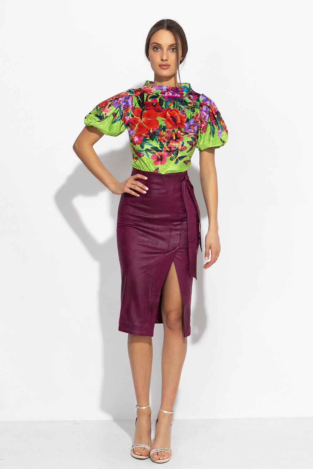 VELVET BLOUSE WITH HIGH NECK AND PUFF SLEEVES - ACID GREEN LOGO