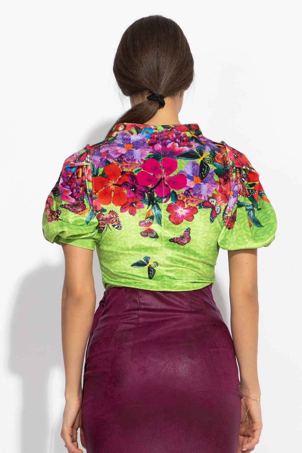 VELVET BLOUSE WITH HIGH NECK AND PUFF SLEEVES - ACID GREEN LOGO