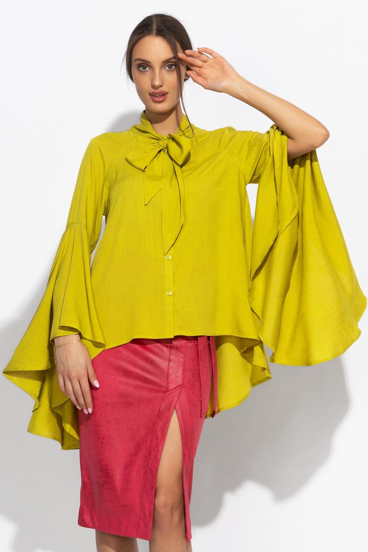 YELLOW ORCHE VISCOSE BLOUSE WITH FLARED SLEEVES - ESSENTIALS - Fashion Roots