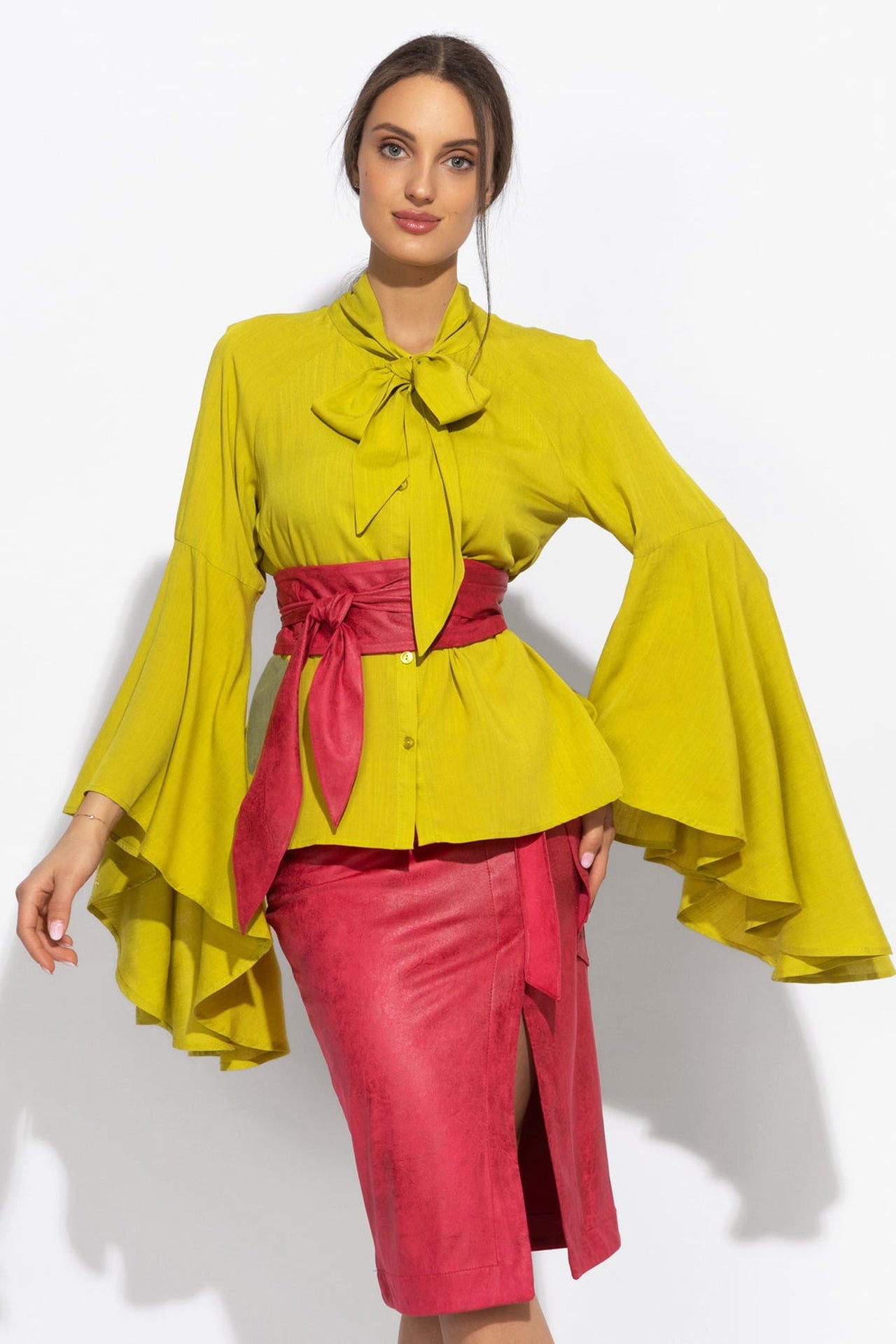 YELLOW ORCHE VISCOSE BLOUSE WITH FLARED SLEEVES - ESSENTIALS - Fashion Roots