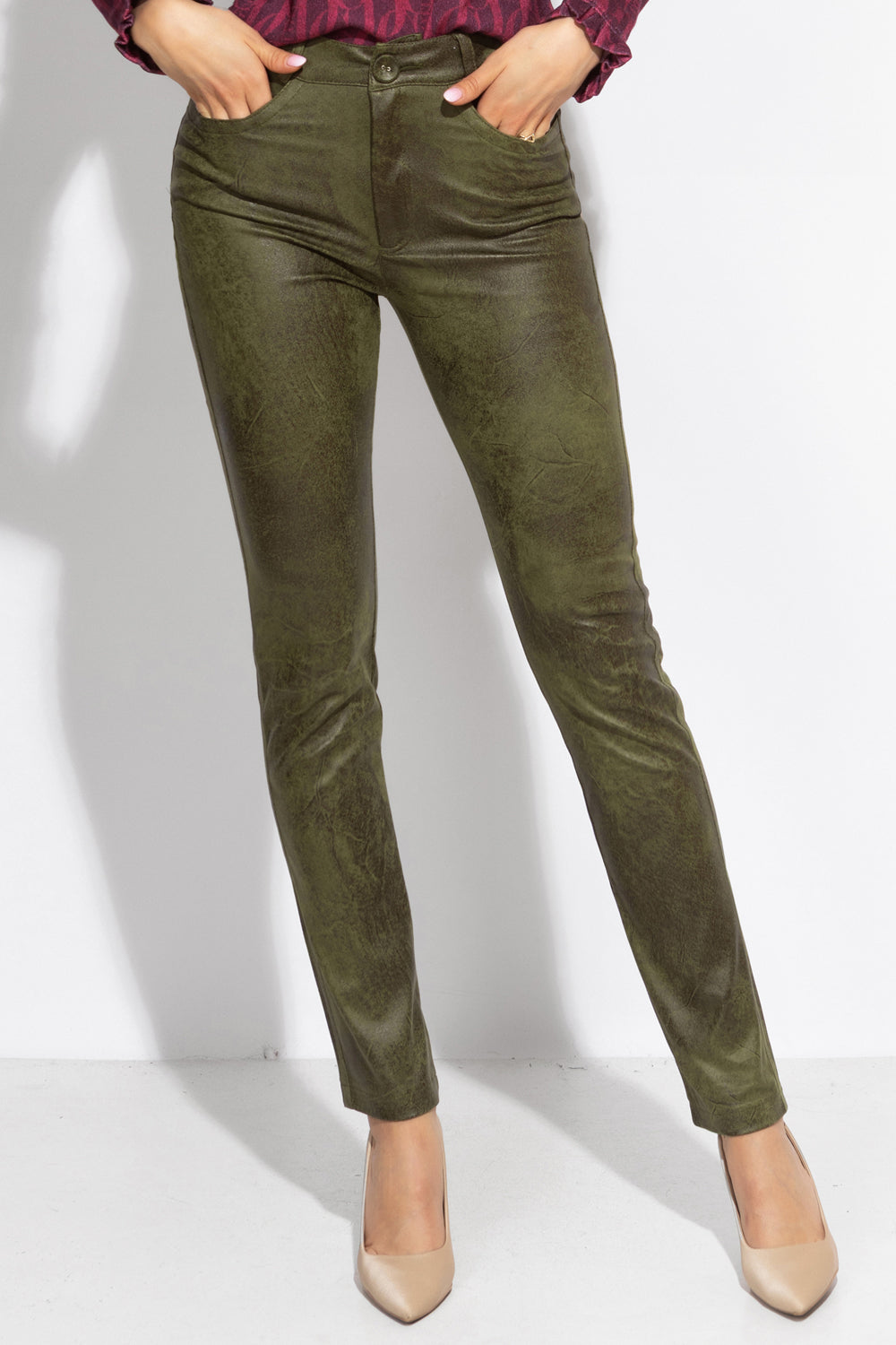 SKINNY 5-POCKET PANTS IN OLIVE GREEN - ESSENTIALS
