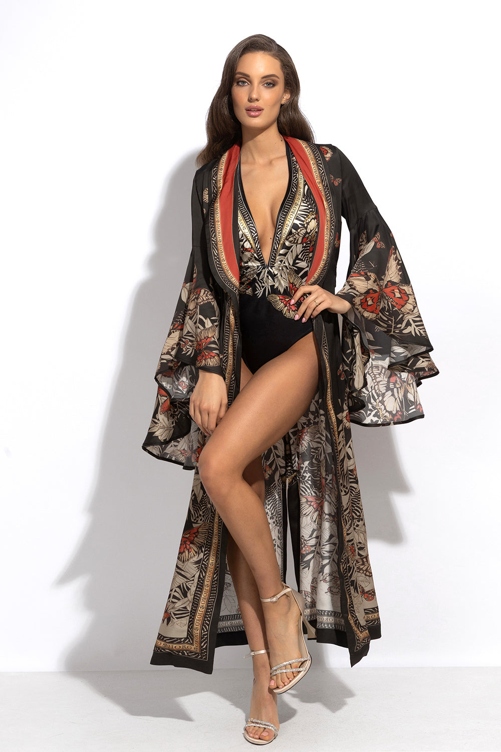 VISCOSE KIMONO WITH DRAPED BACK AND SHAWL COLLAR - MIDNIGHT BUTTERFLIES