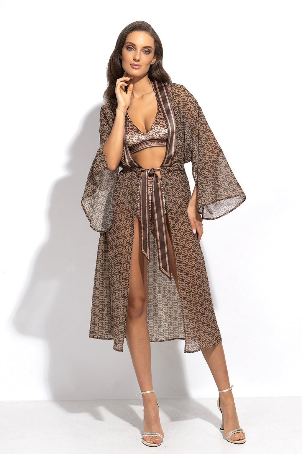 KIMONO AVEC PLASTRON ET CEINTURE INTÉGRÉE EN MOUSSELINE FRANÇAISE - LOGO MOCHA MOUSSE