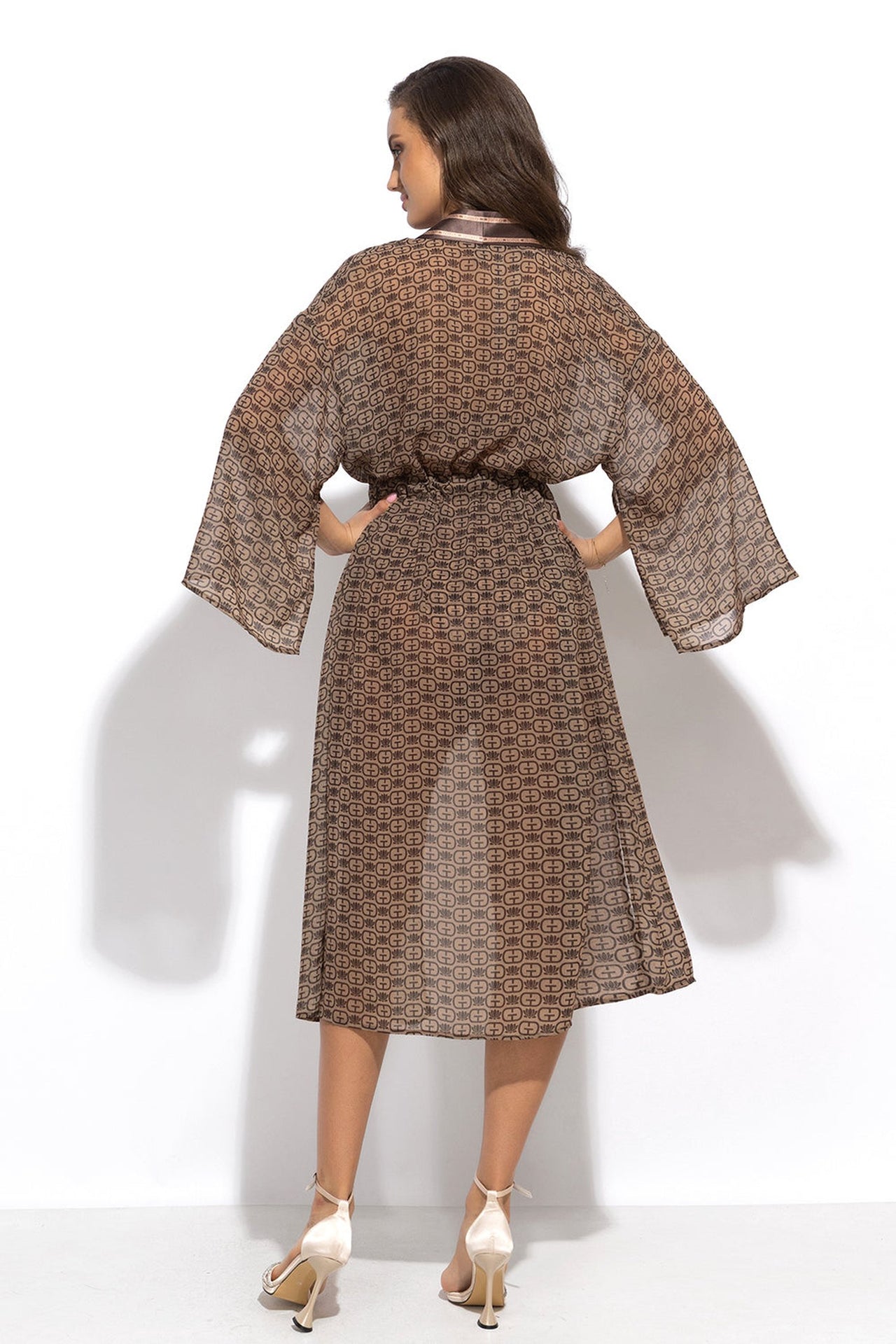 KIMONO WITH PLASTRON AND INTEGRATED BELT IN FRENCH CHIFFON - MOCHA MOUSSE LOGO - Fashion Roots