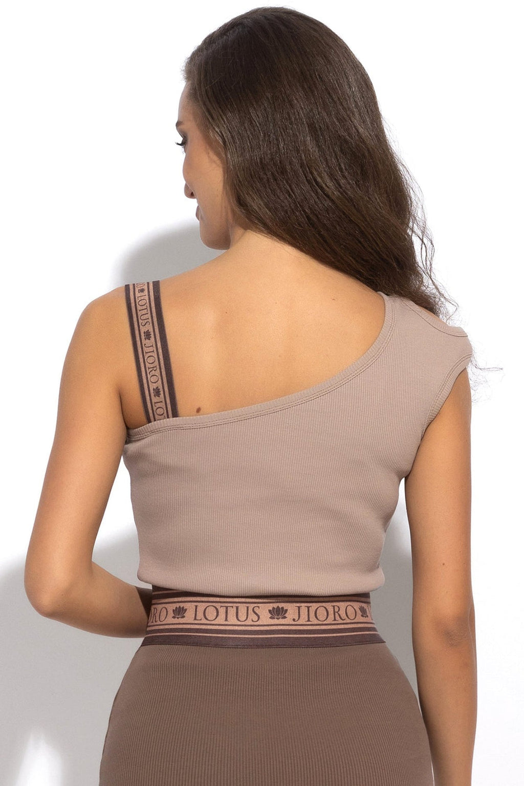 ASYMMETRICAL RIBBED TANK TOP IN BEIGE WITH ELASTIC STRAP MOCHA MOUSSE LOGO - ESSENTIALS - Fashion Roots