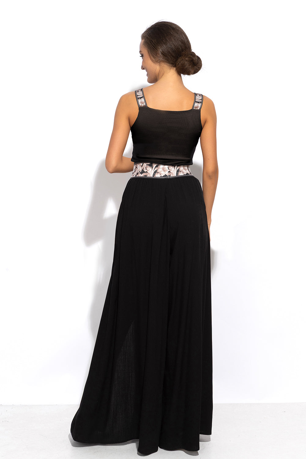 BLACK VISCOSE PANTS WITH ELASTIC WAIST IN BAROQUE PEARL AND SLITS - ESSENTIALS - Fashion Roots