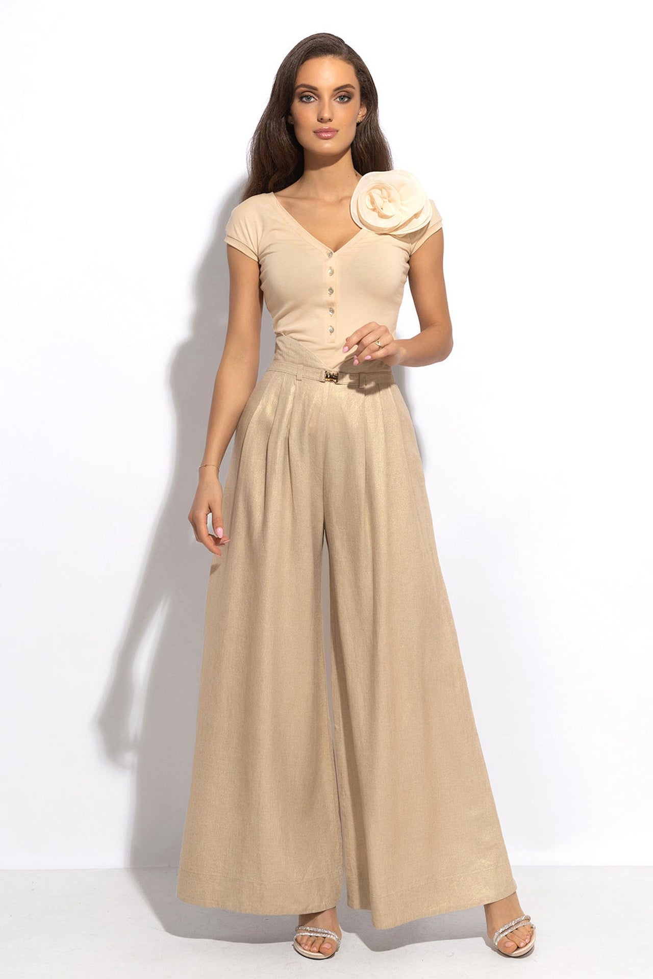 COTTON BUTTONED T-SHIRT WITH SHOULDER FLOWER - ESSENTIALS - Fashion Roots