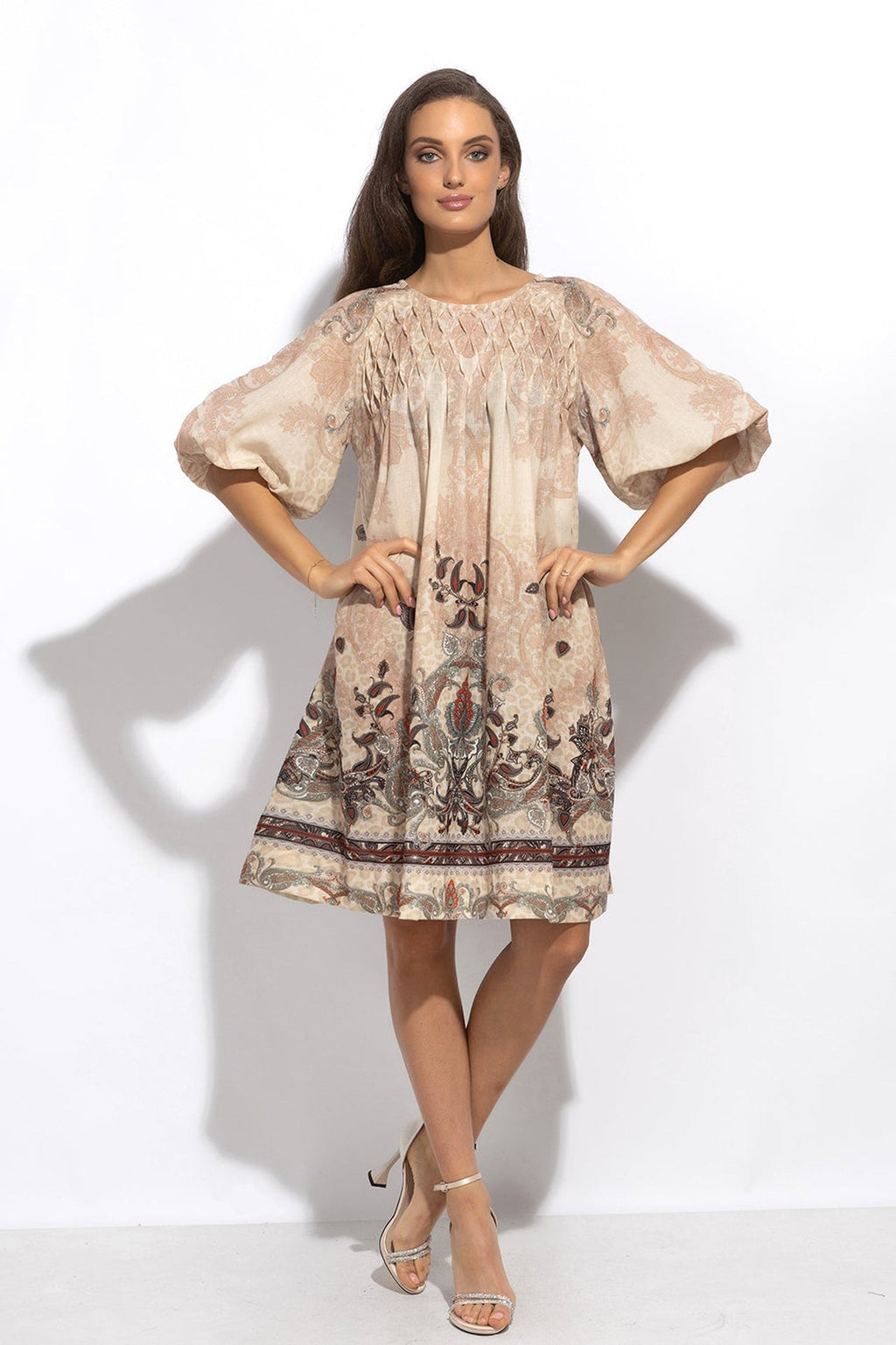 LINEN-LIKE BOHO DRESS – PAISLEY BEIGE - Fashion Roots