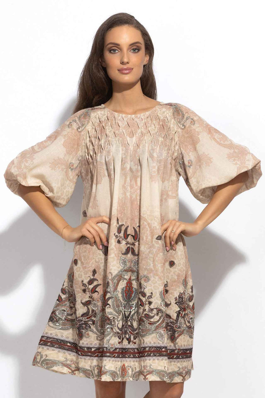 LINEN-LIKE BOHO DRESS – PAISLEY BEIGE