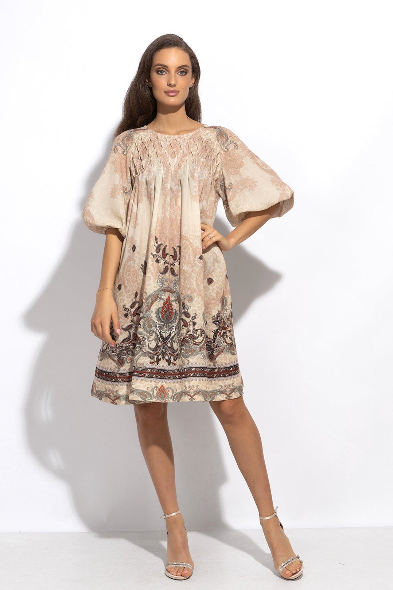 LINEN-LIKE BOHO DRESS – PAISLEY BEIGE - Fashion Roots