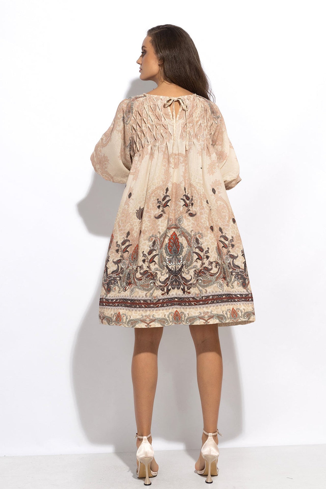 LINEN-LIKE BOHO DRESS – PAISLEY BEIGE - Fashion Roots