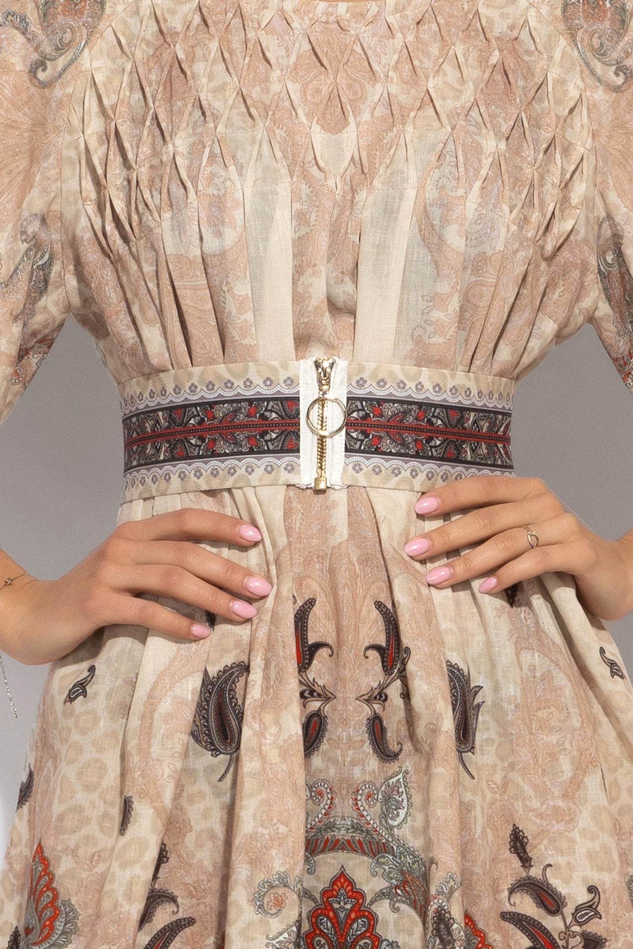 LINEN-LIKE BOHO DRESS – PAISLEY BEIGE - Fashion Roots