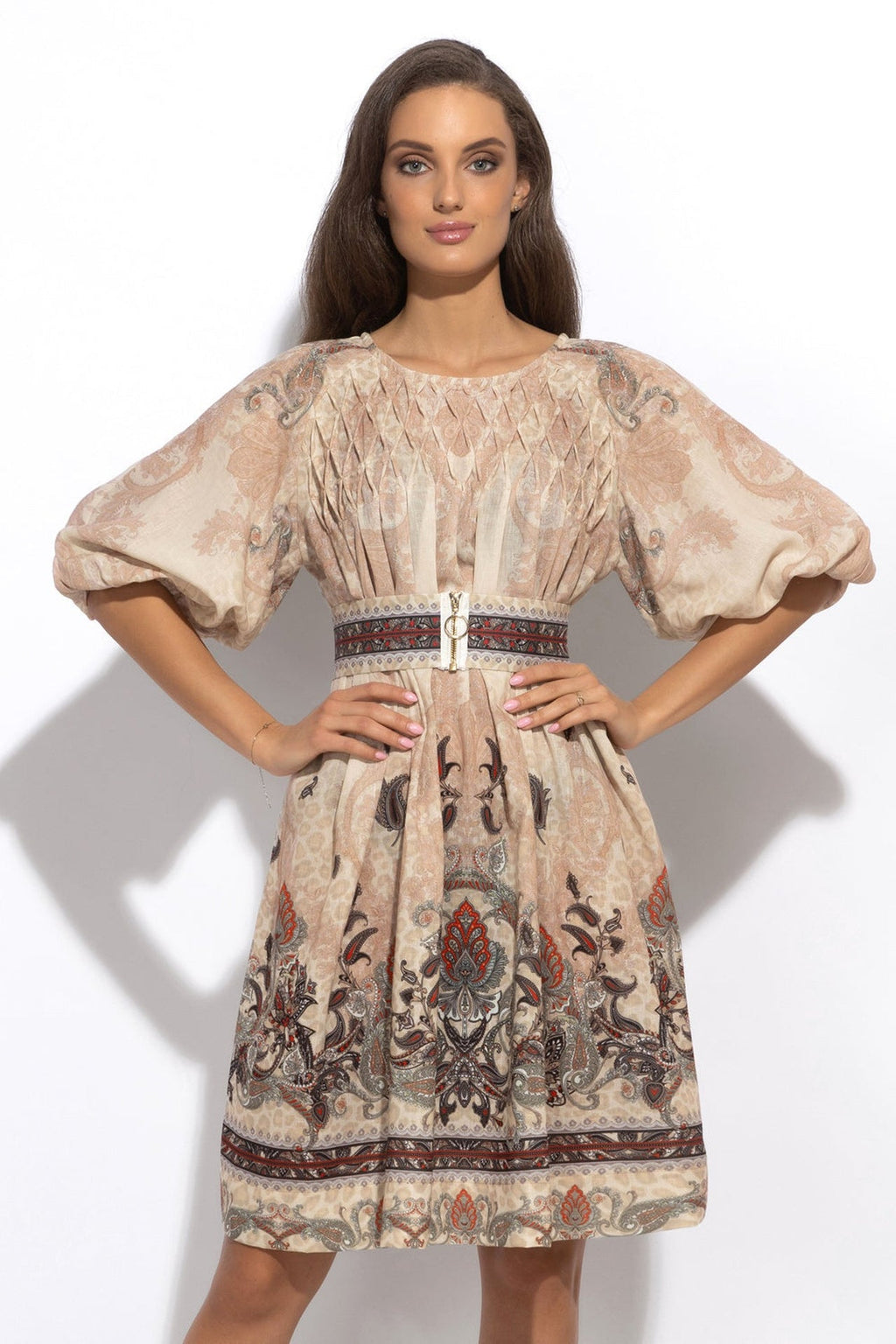 LINEN-LIKE BOHO DRESS – PAISLEY BEIGE - Fashion Roots