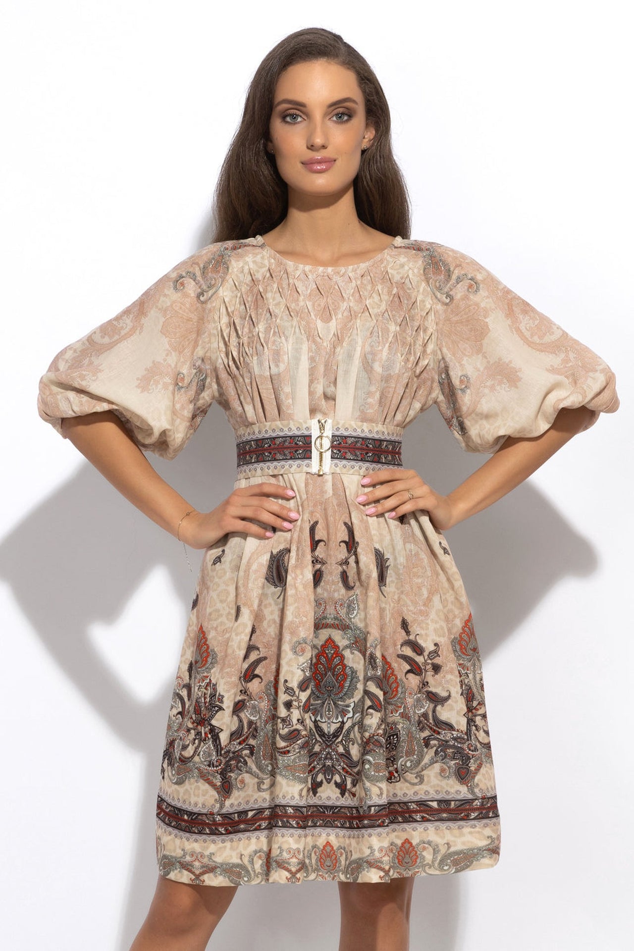 LINEN-LIKE BOHO DRESS – PAISLEY BEIGE - Fashion Roots